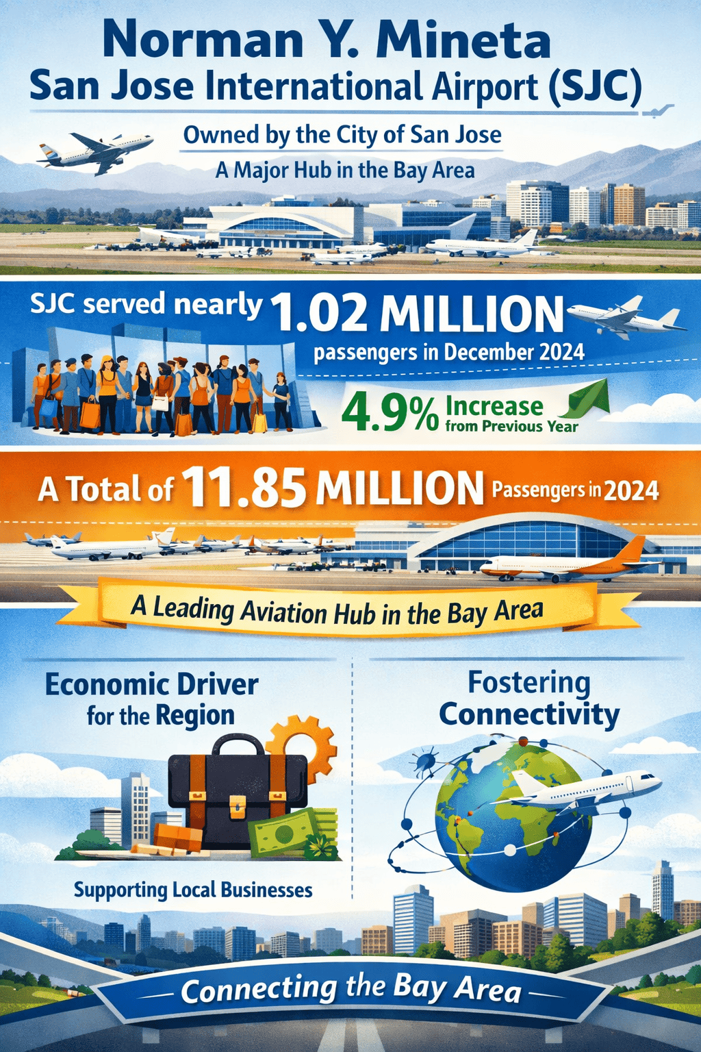 1. San Jose International Airport infographic showing passenger stats and regional growth.