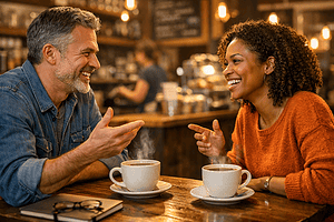 Warm coffee shop scene with smiling man and woman engaging in lively conversation, enjoying coffee and connection.