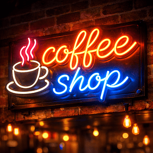 Colorful neon coffee shop sign with steaming cup illustration for cafe decor and branding.