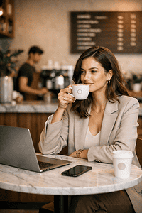 Coffee enthusiast woman working on laptop in café, enjoying a hot drink and relaxed atmosphere.